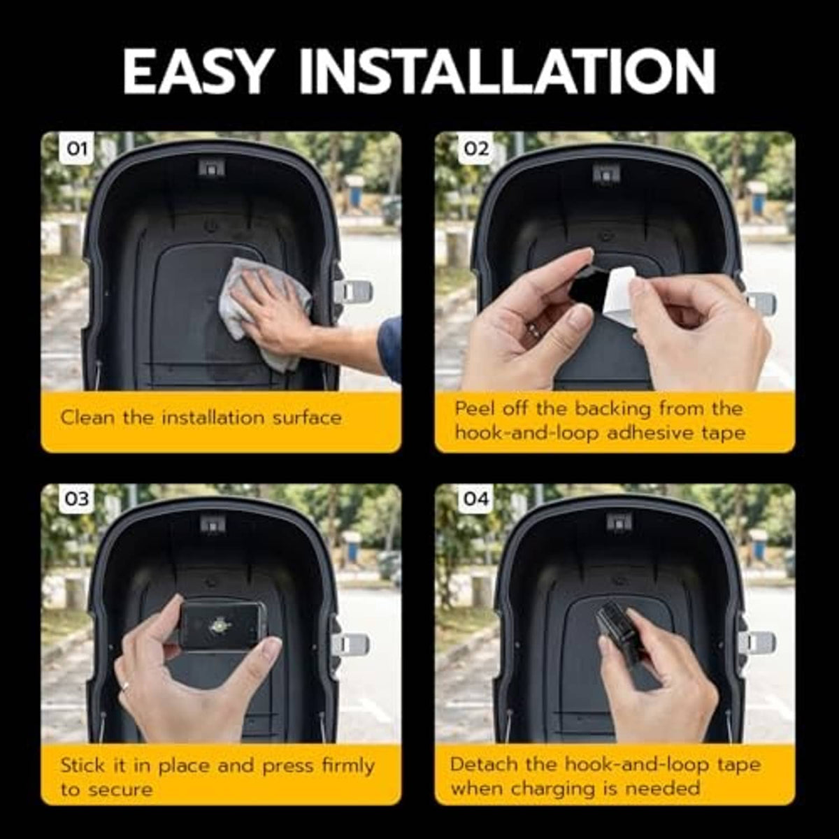 Black LED sensor light with hook-and-loop adhesive installation shown step by step