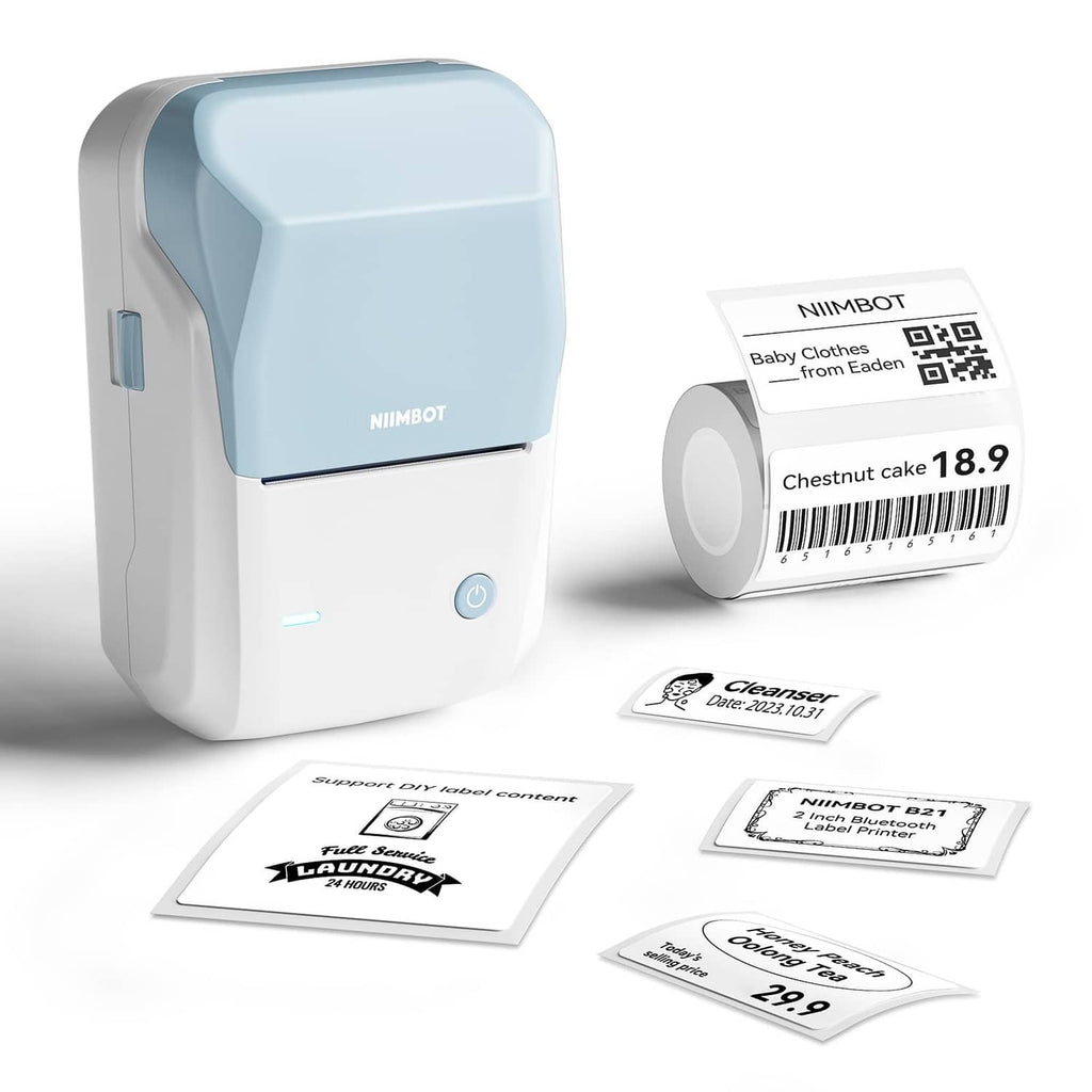Light blue label maker with white front and buttons, NIIMBOT B1 desktop printer
