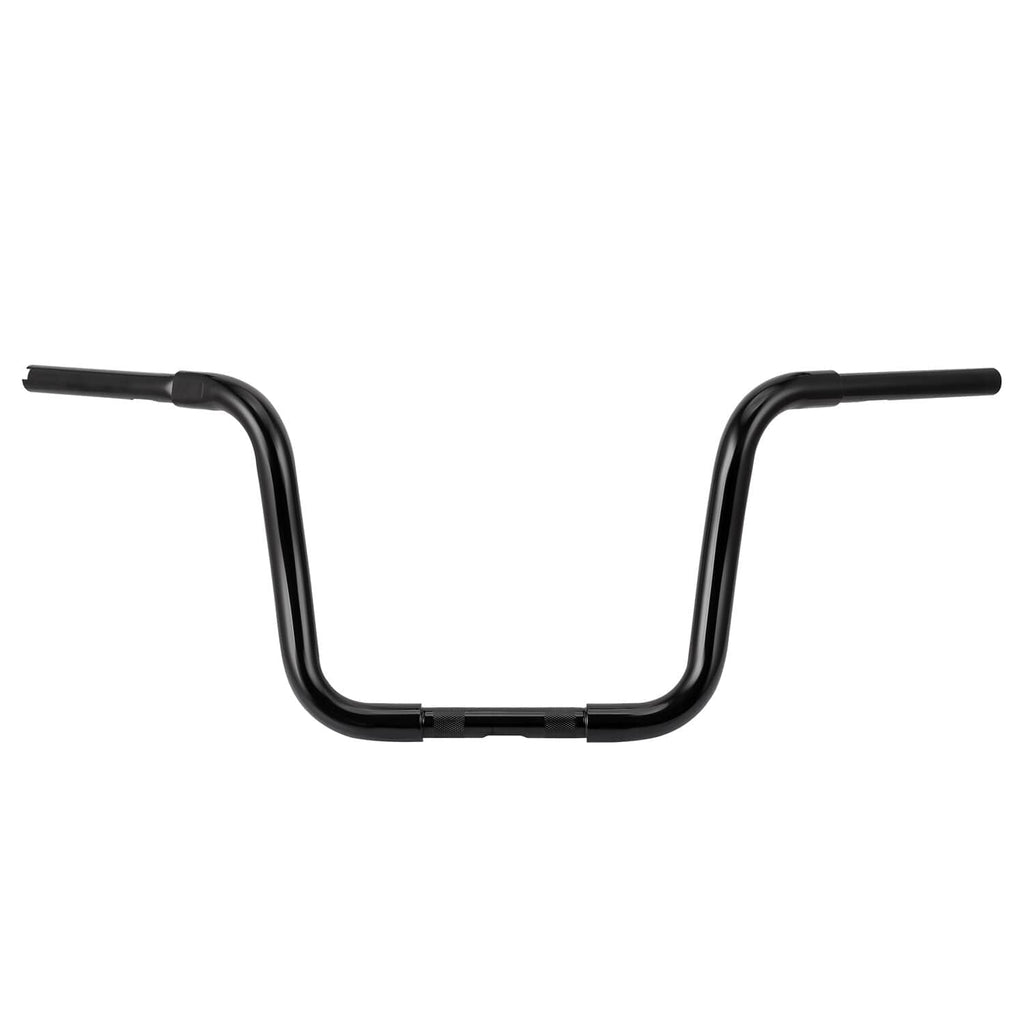 Black ape-hanger handlebars, wide U-curve with bar ends and central clamp area