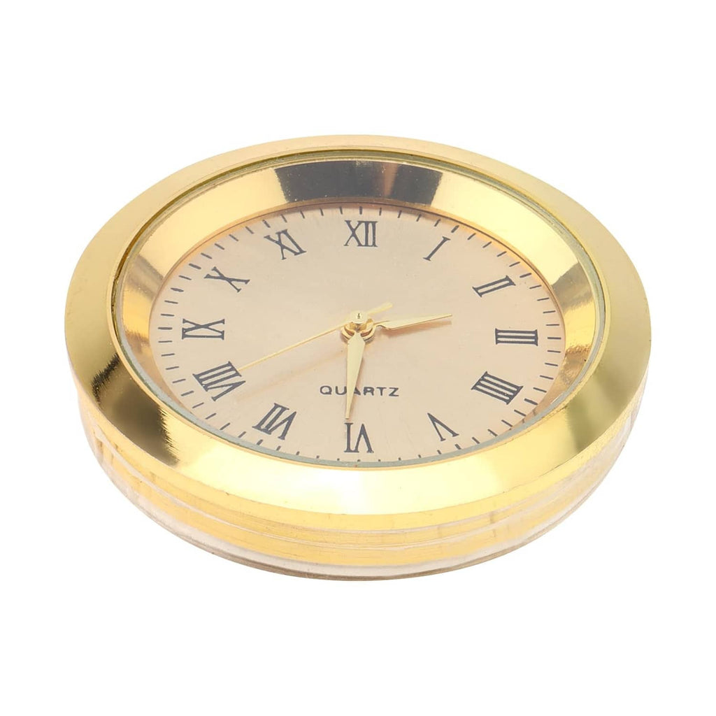 Mini quartz clock front view with Roman numeral dial and gold hands
