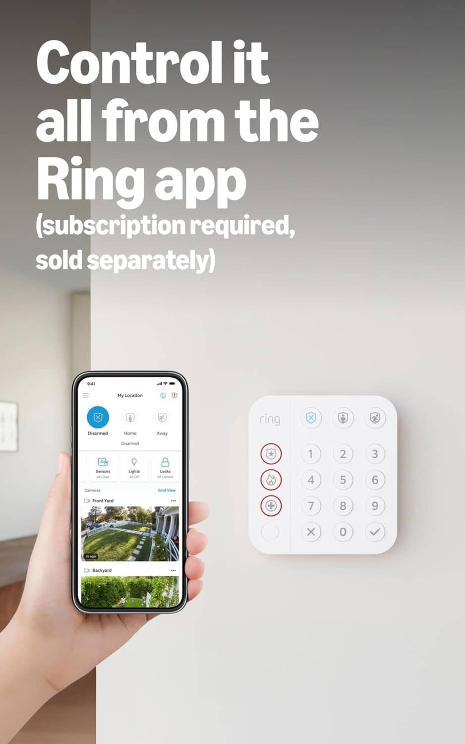 Ring alarm kit controlled via smartphone app and wireless keypad