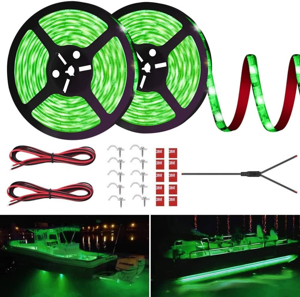 Green LED strip light kit with two reels, flexible cuttable strip and red/black leads