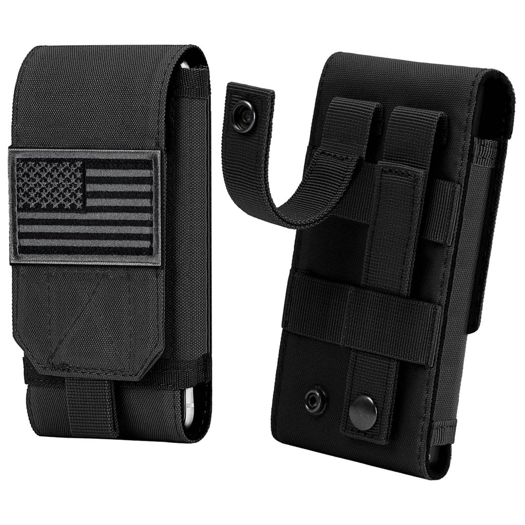 Black tactical phone holster pouch set: front flag patch view and back MOLLE view