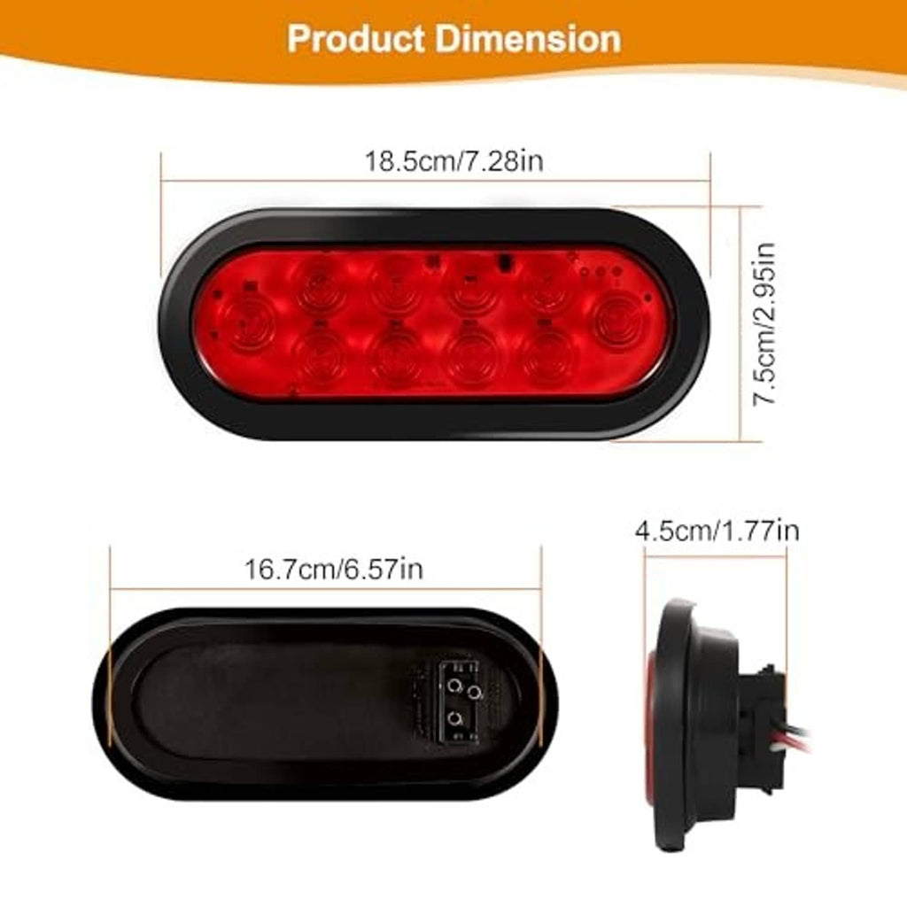 Oval red LED tail light with black housing, product dimension diagram view