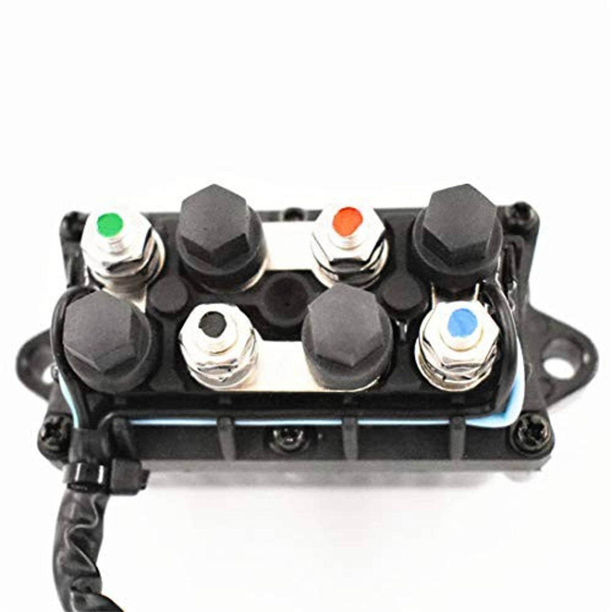 Marine outboard power trim relay block with metal terminal posts and colored protective caps