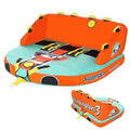 Orange and teal 3-person towable boat tube with padded seat, rope handles and seams
