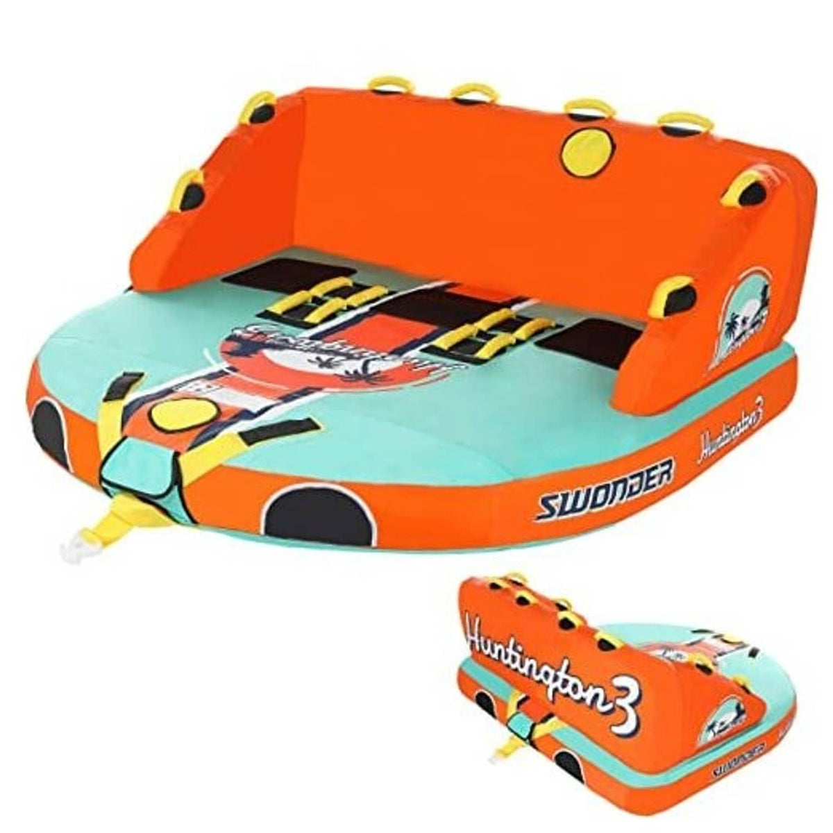 Orange and teal 3-person towable boat tube with padded seat, rope handles and seams