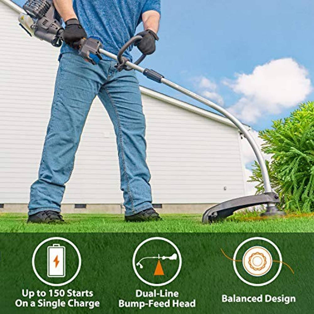 Operator trimming lawn and shrubs with curved-shaft gas string trimmer