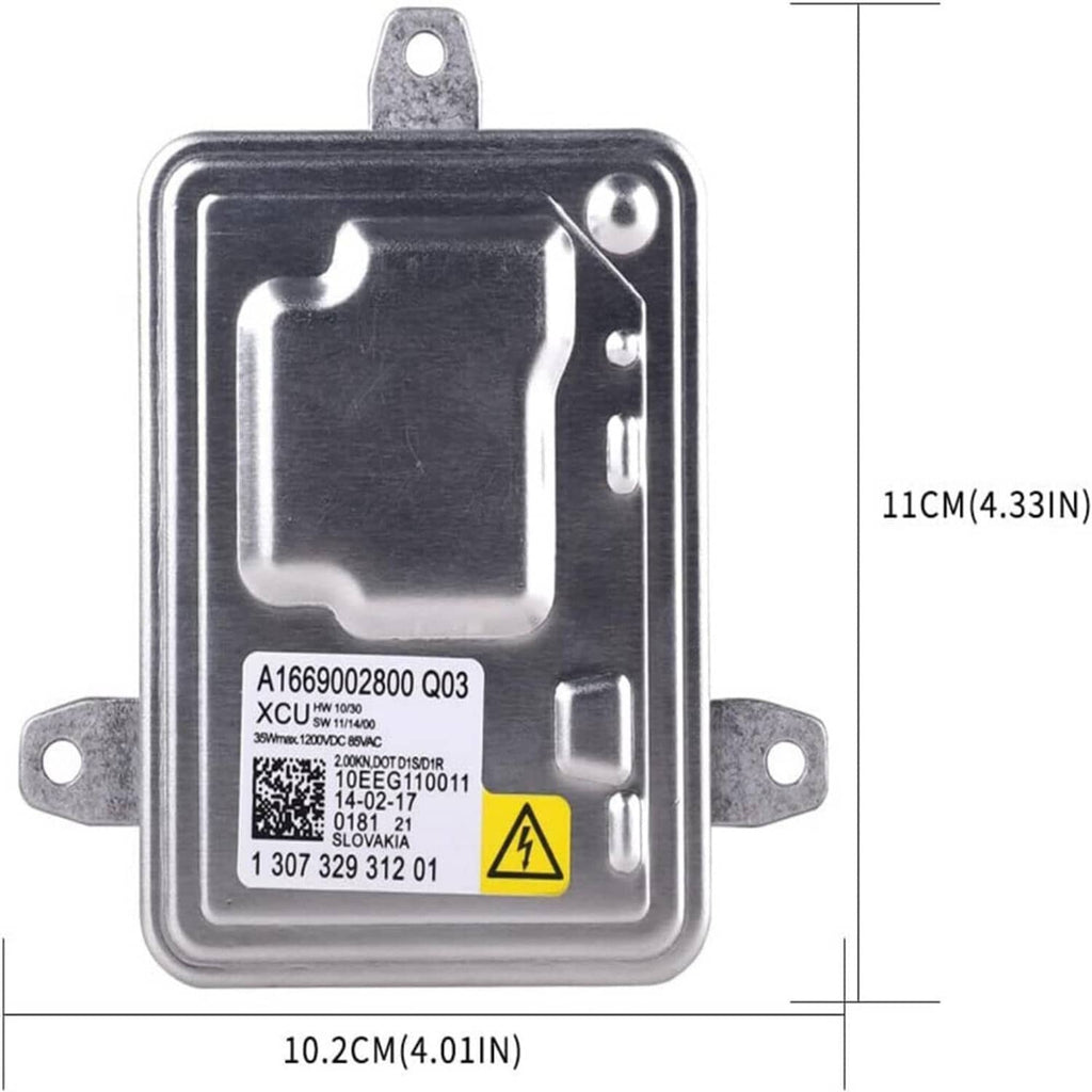 HID headlight ballast unit with metal housing, mounting tabs, and yellow hazard icon