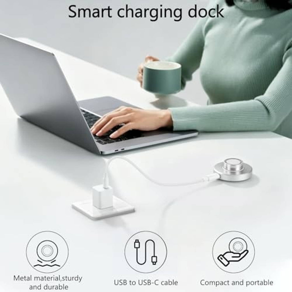 Smart charging dock on stand with USB-to-connector cable, circular metal charging base