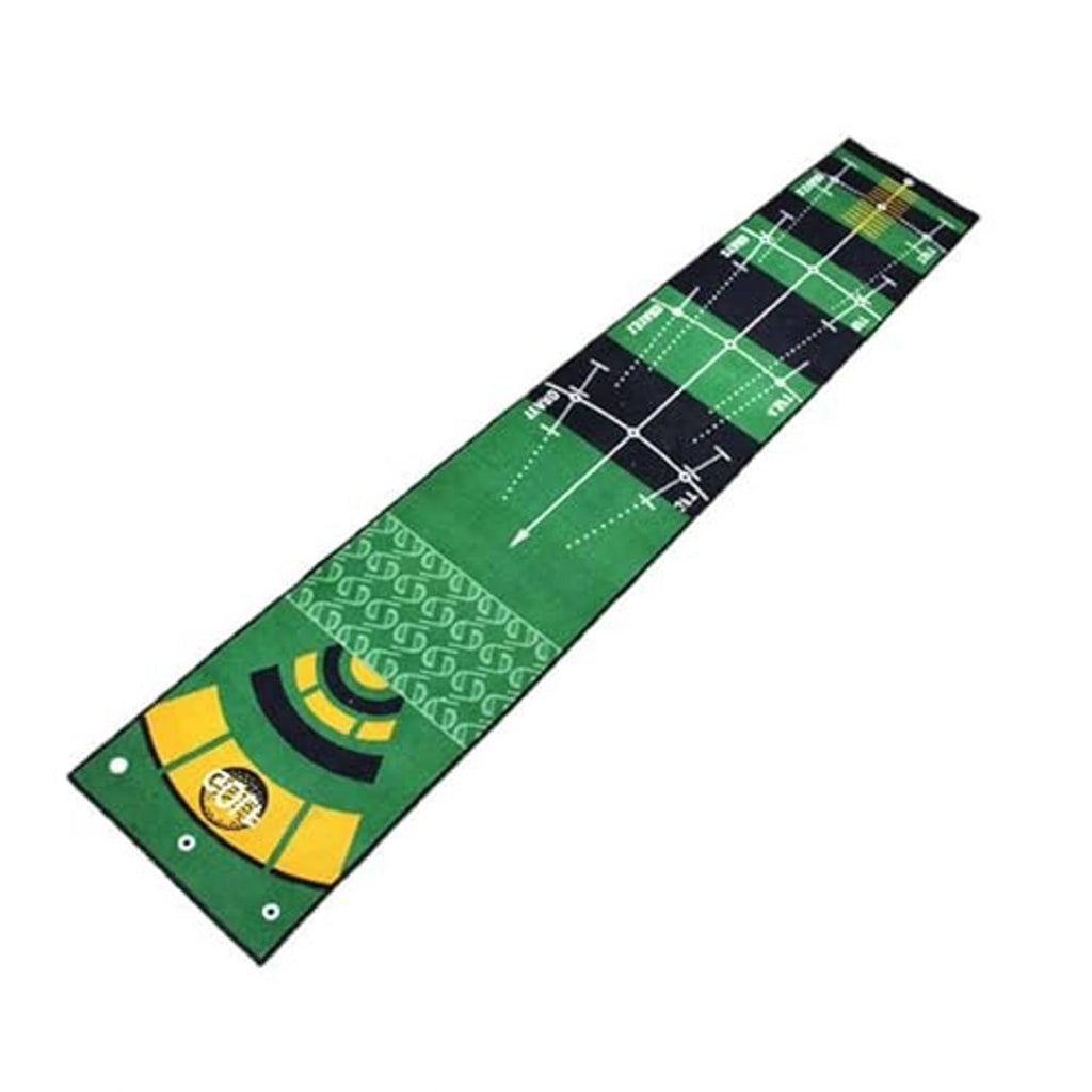 Long green putting mat with black center lines and aiming grid guides