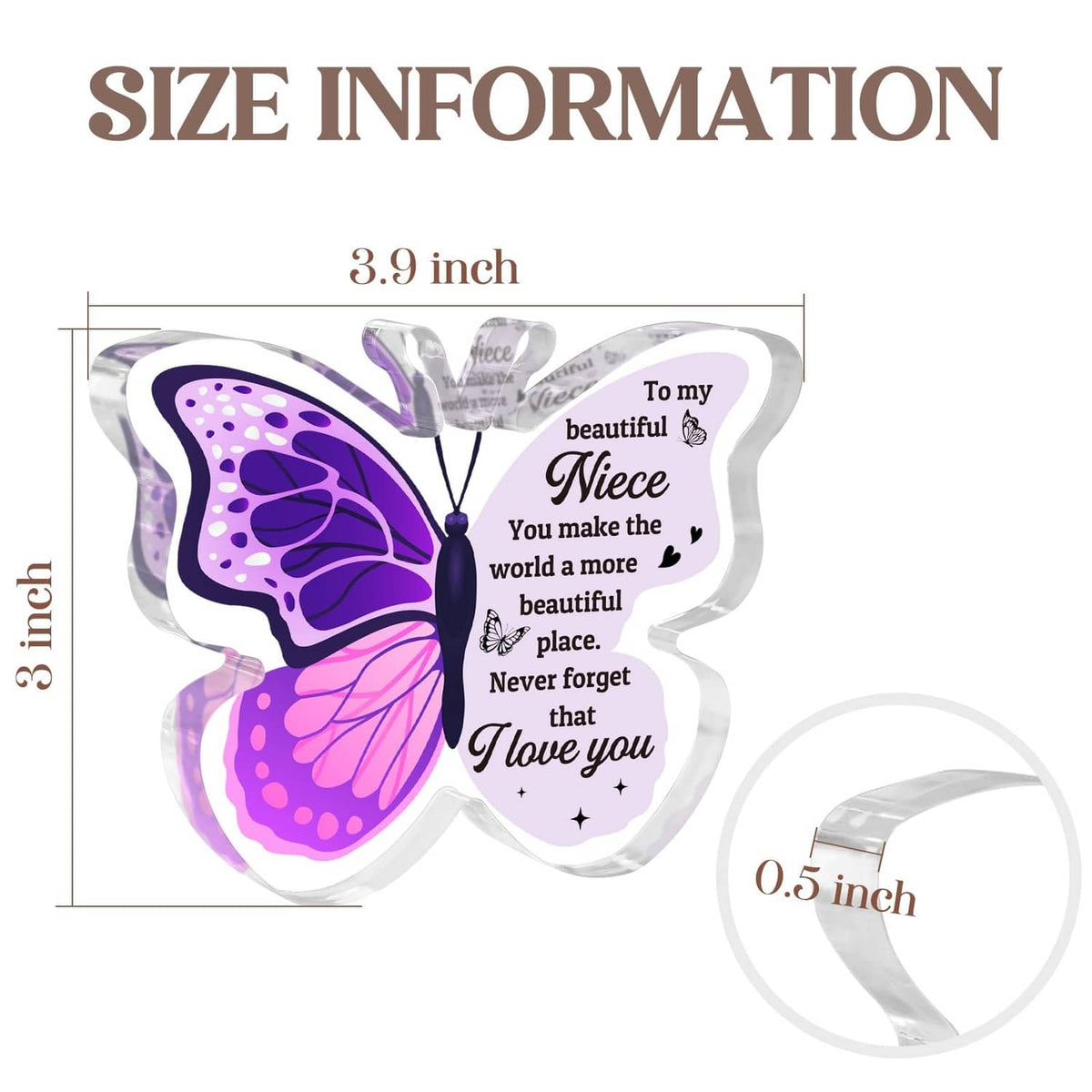 Purple butterfly-shaped card size guide: 3.9 x 3 in, 0.5 in ribbon
