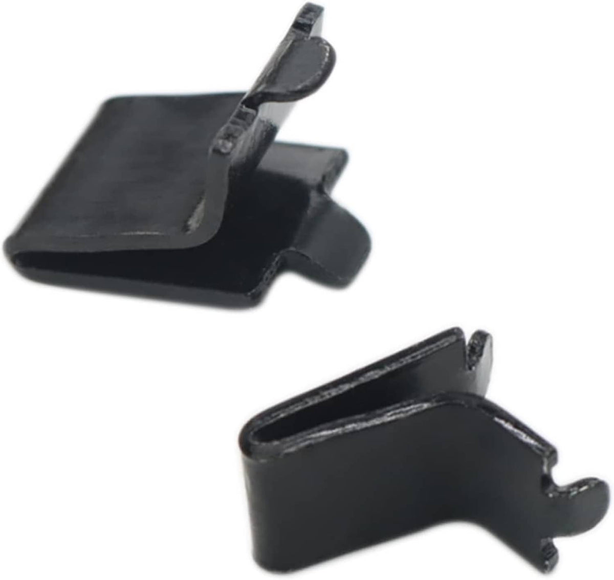 Black shelf clip supports pair with open channel ends and side bump