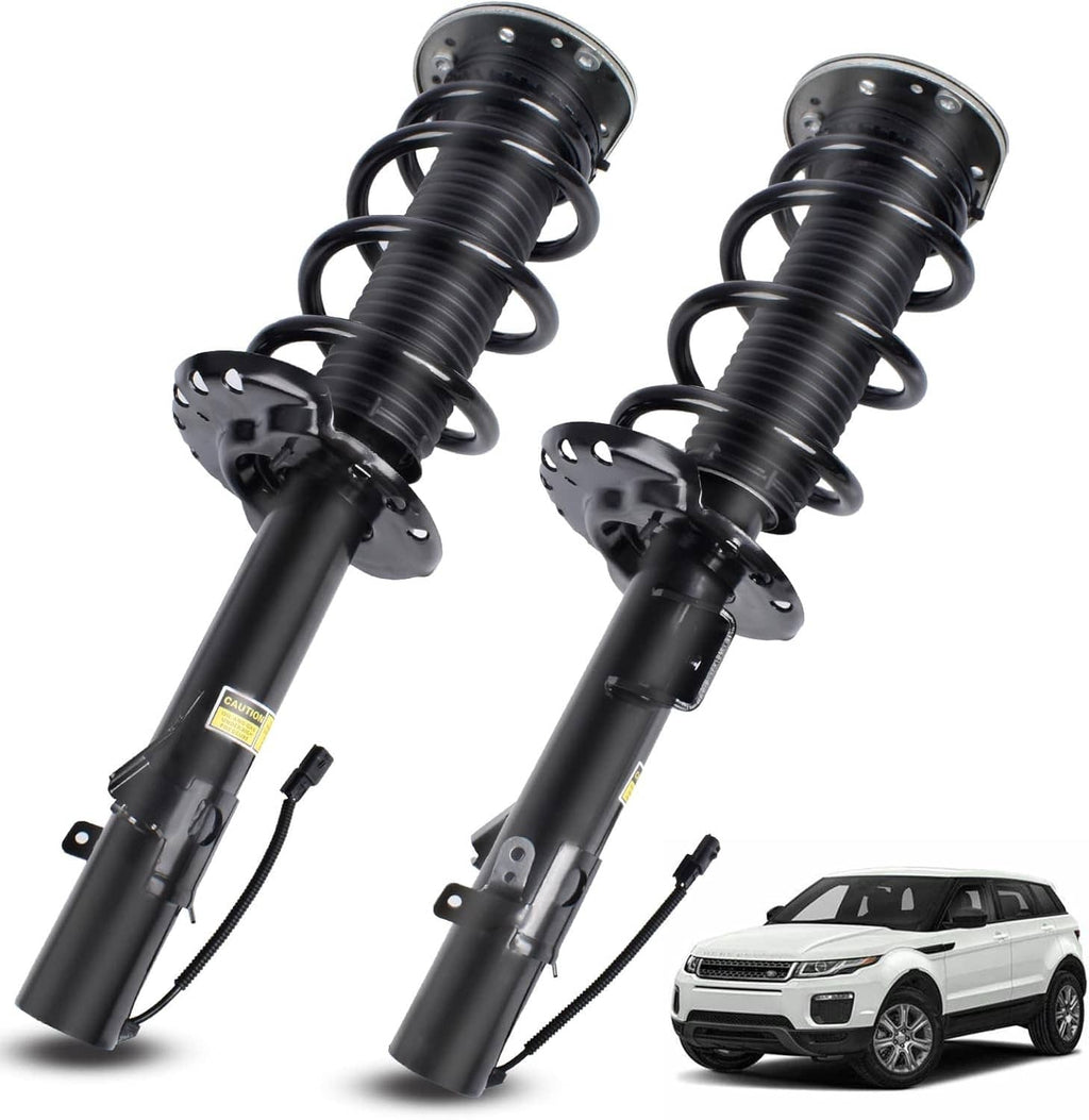 Pair of front shock absorber struts with black coil springs and mounting plates