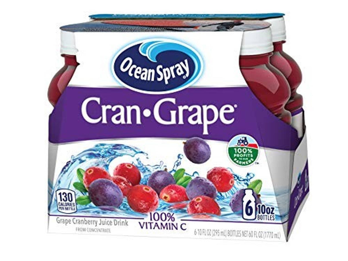 Ocean Spray Cran-Grape 6-pack juice drink carton, front view with fruit splash artwork