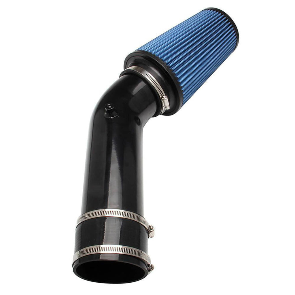 Blue cone air filter attached to black intake elbow with metal band clamps