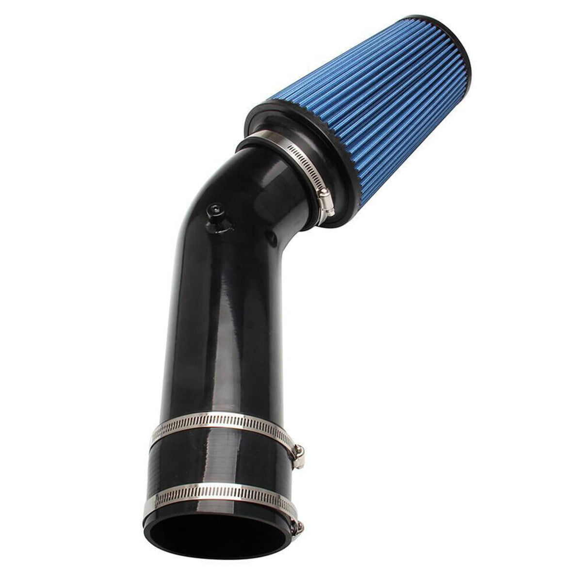 Blue cone air filter attached to black intake elbow with metal band clamps