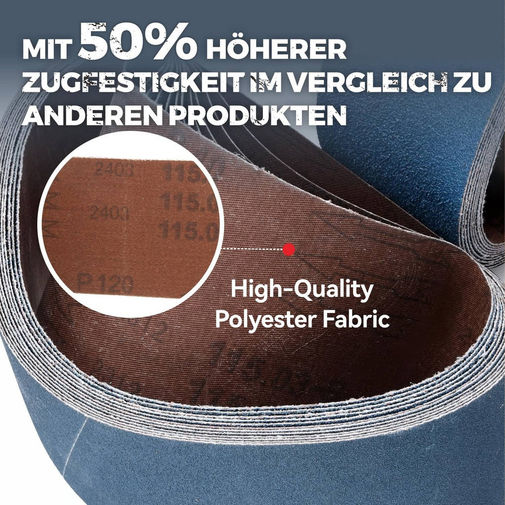 Blue sanding belt roll with dark backing layer and visible stitching lines