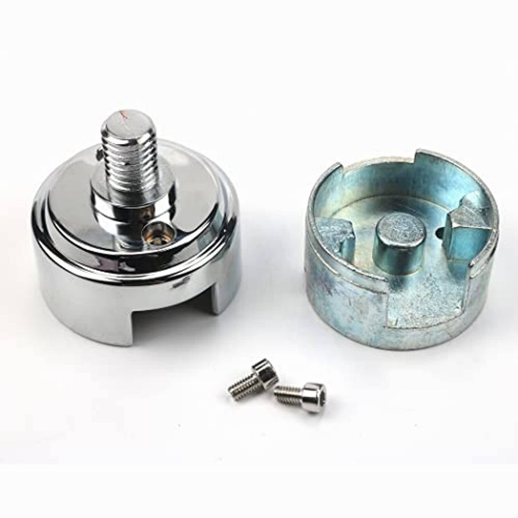 Chrome mounting adapter set with chrome cap, blue zinc mounting cup, and two screws
