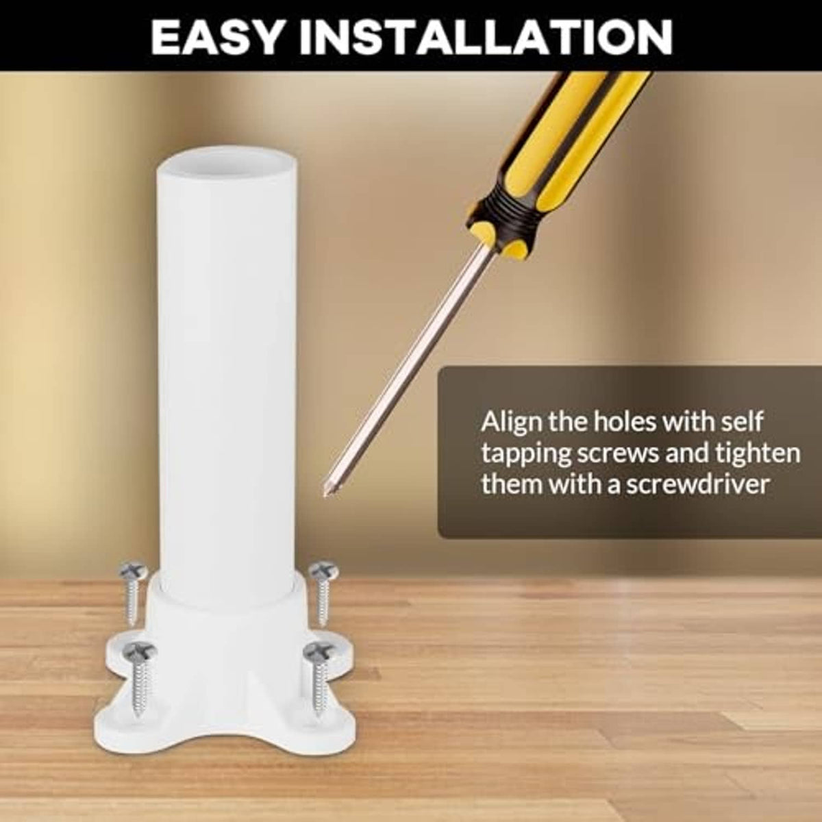 White 1-inch PVC flange fitting installed with self-tapping screws and screwdriver tip