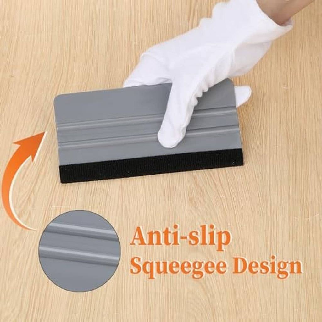 Handheld felt squeegee with black grip and gray ribbed smoothing pad for film