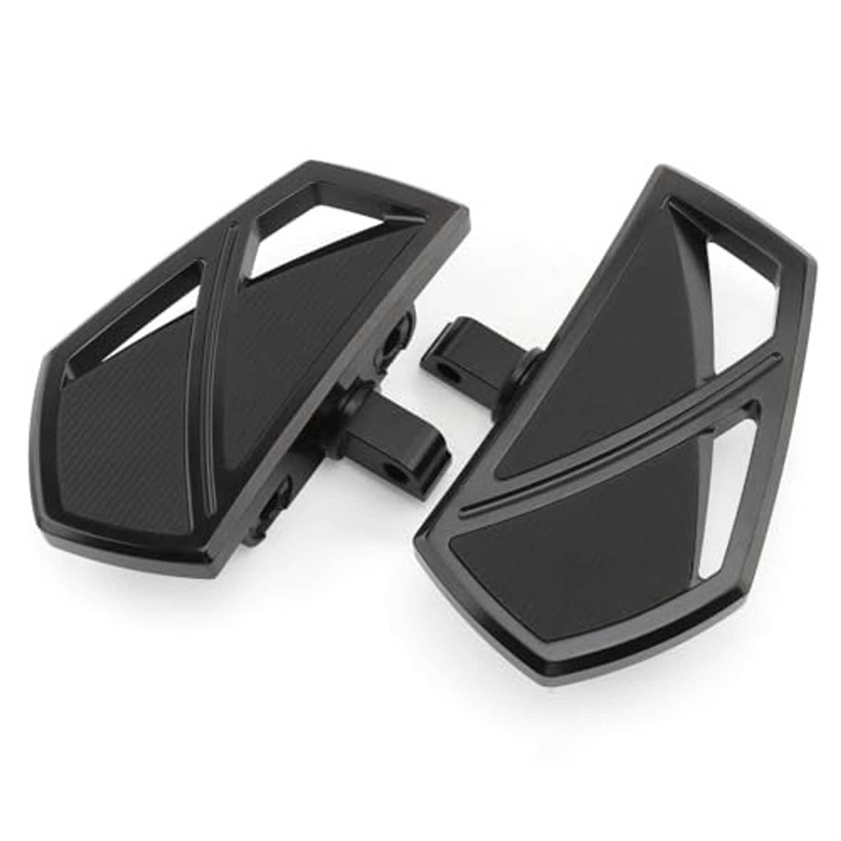 Black motorcycle mini floorboard pegs with textured tread and side mounting bracket