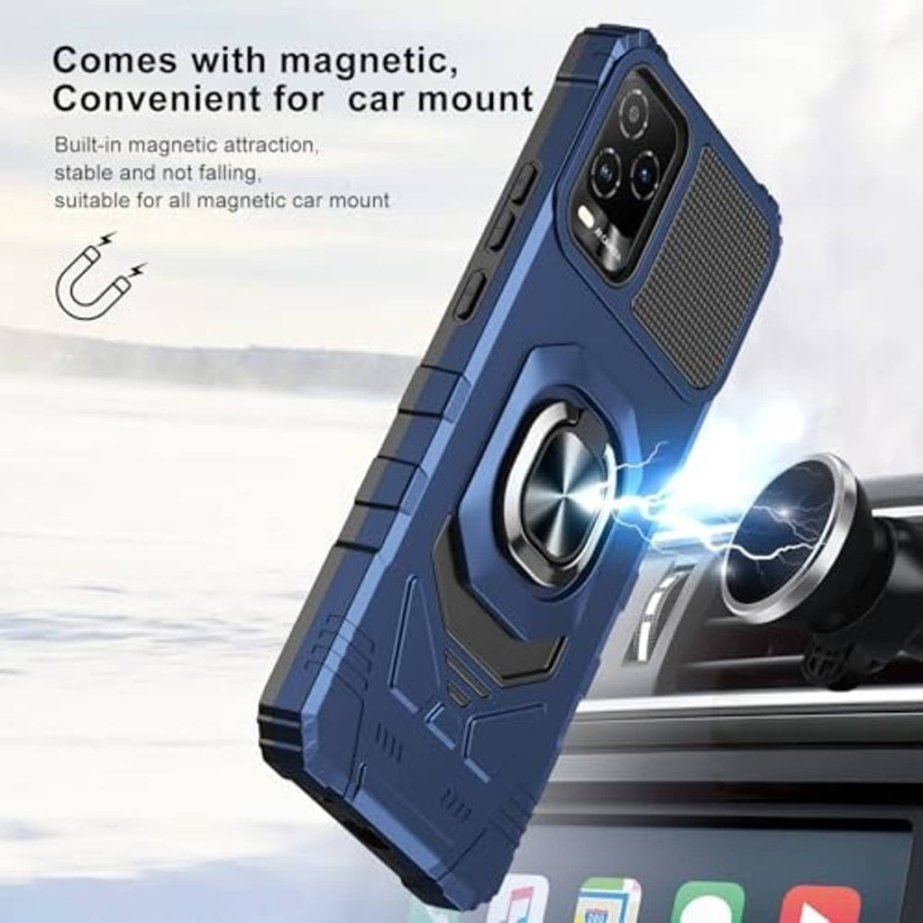 Blue rugged phone case with ring stand and textured back, shown with a car mount