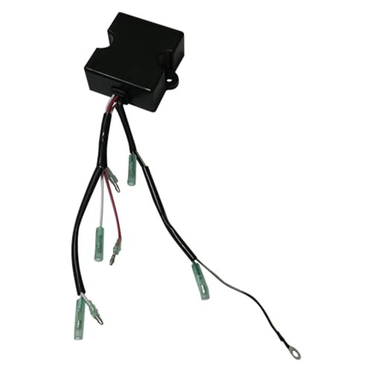 Black ignitor box module with wire pigtail leads and ground ring terminal