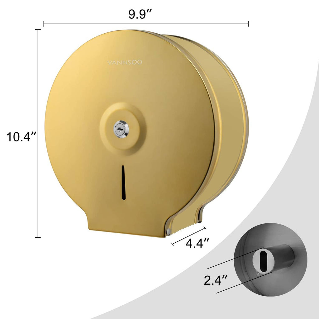 Gold jumbo toilet tissue dispenser dimensions: 9.9 in width and 10.4 in height