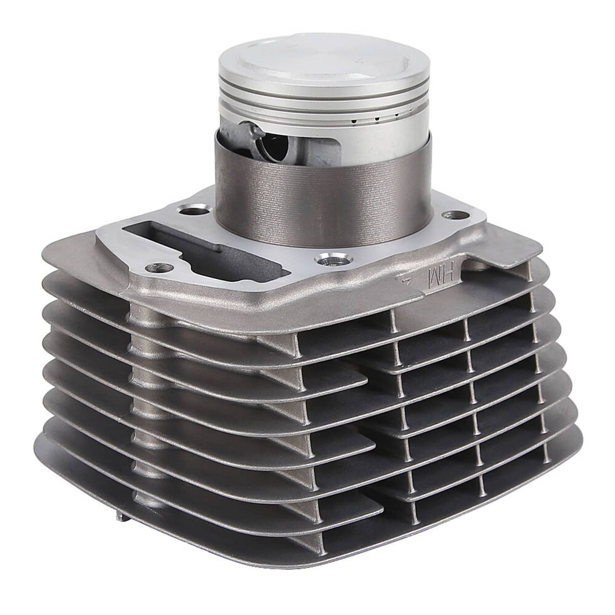 Gray cylinder and piston assembly with cooling fins and intake port