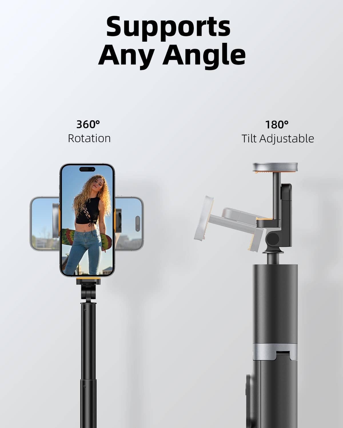 Black adjustable selfie stick tripod with phone mount and tilt-rotating head