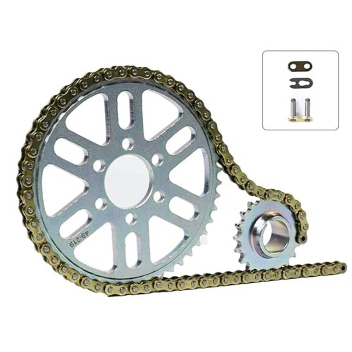 Gold roller chain with rear sprocket and front sprocket, plus mounting bolts