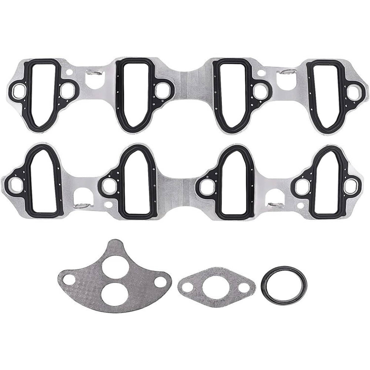 Intake manifold gasket set with black rubber gaskets and metal sealing plates