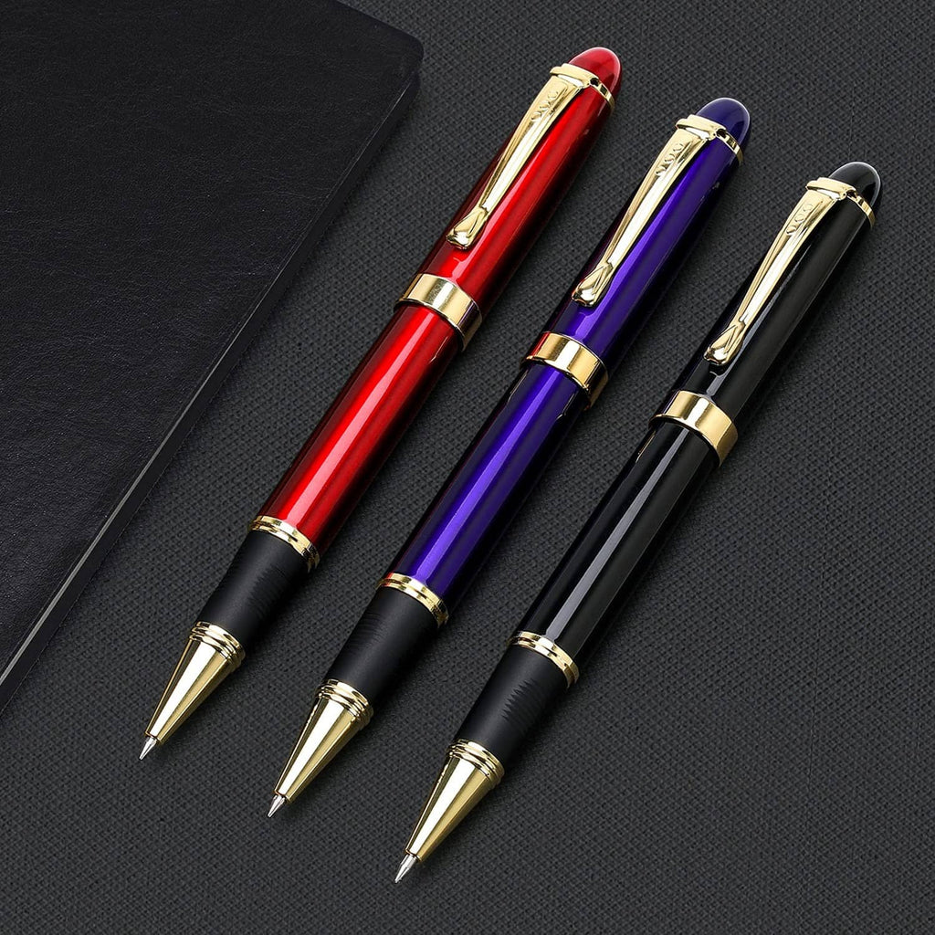 Luxury ballpoint pen trio: black, red, and purple with gold accents