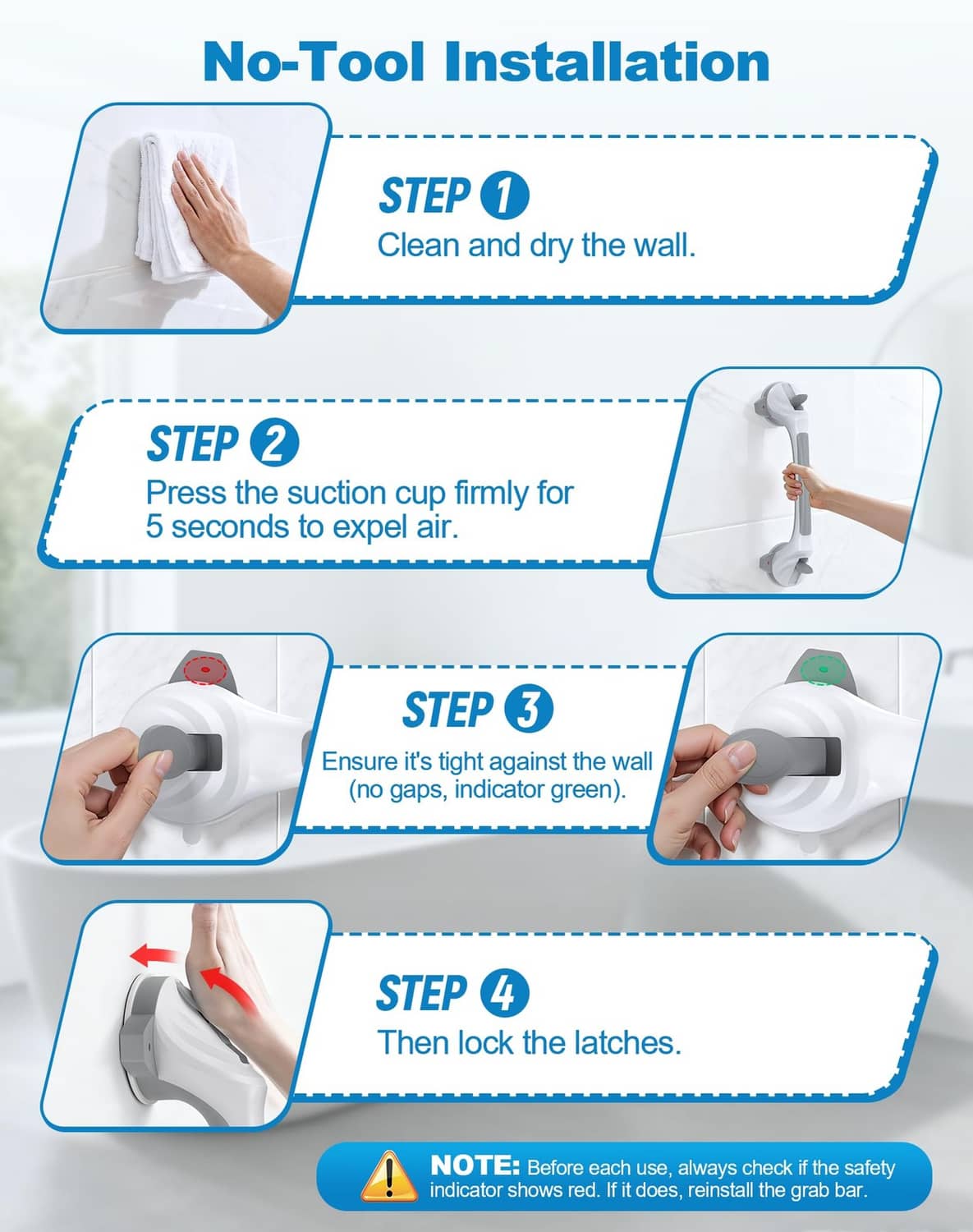 White suction grab bar with latch area and wall-mounted suction base