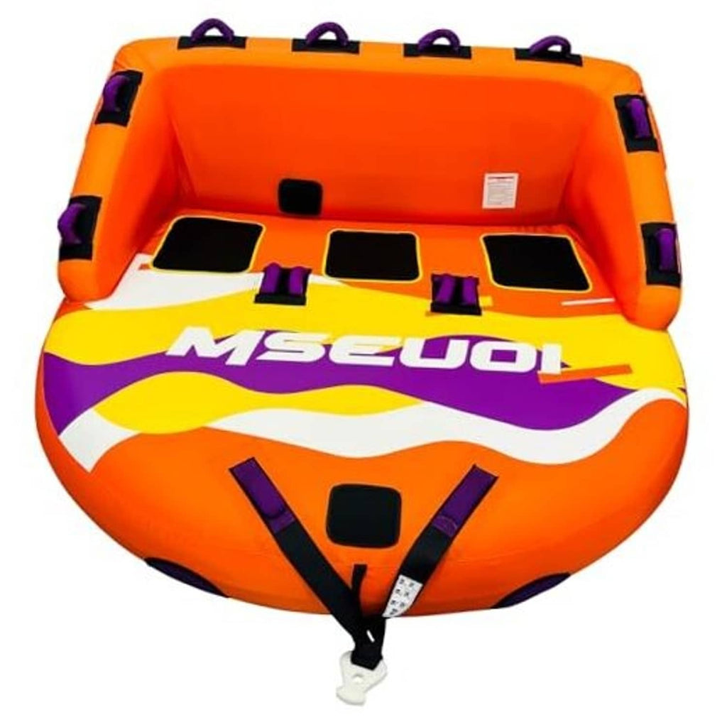 Orange and purple inflatable 1-rider towable tube with grab handles and side windows.