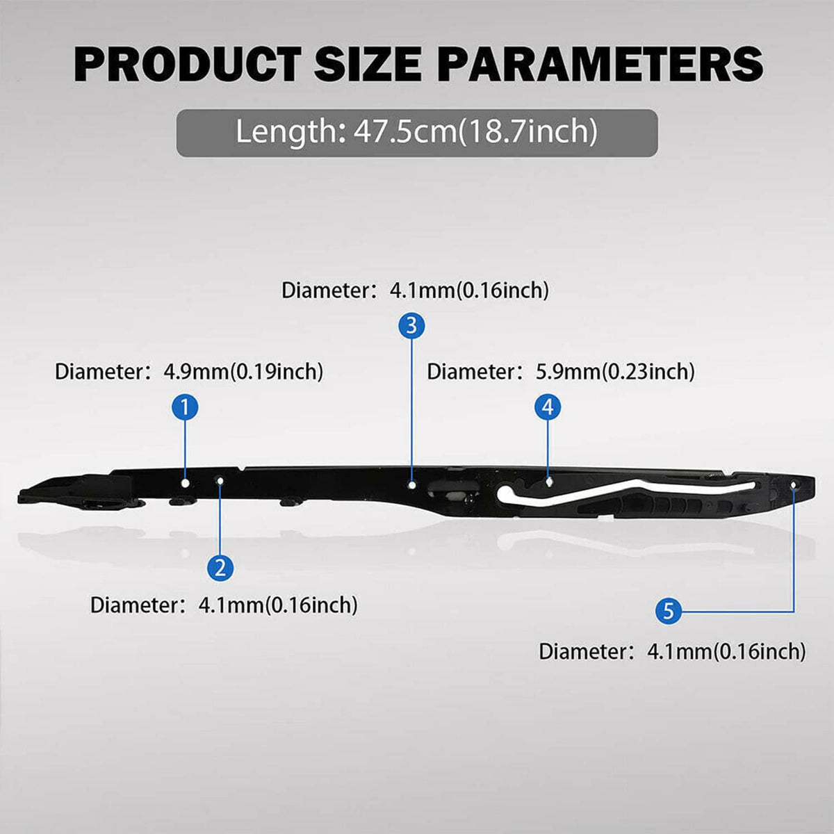 Black sunroof guide rail showing length and diameter measurement callouts