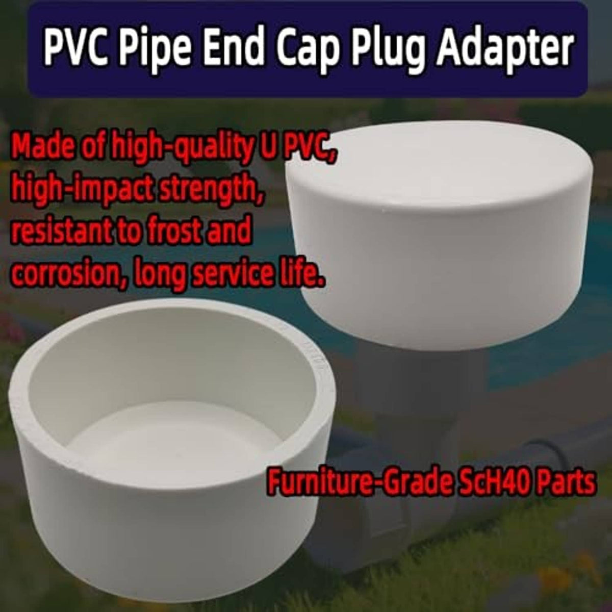 White PVC pipe end cap plug adapter with open end and rim, for 1.5 in pipe