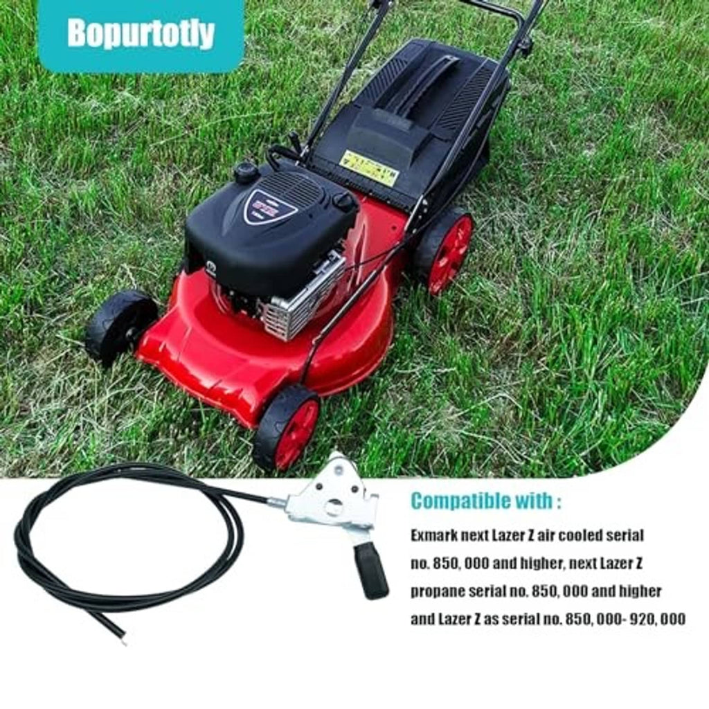 Throttle control cable and handle shown with mower on grass background