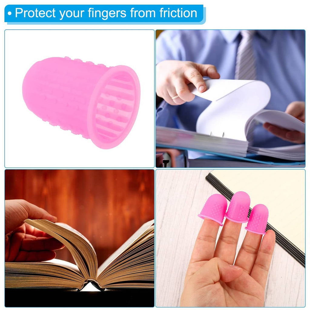 Pink silicone finger tips on fingers, ribbed non-slip interior, 10-pack