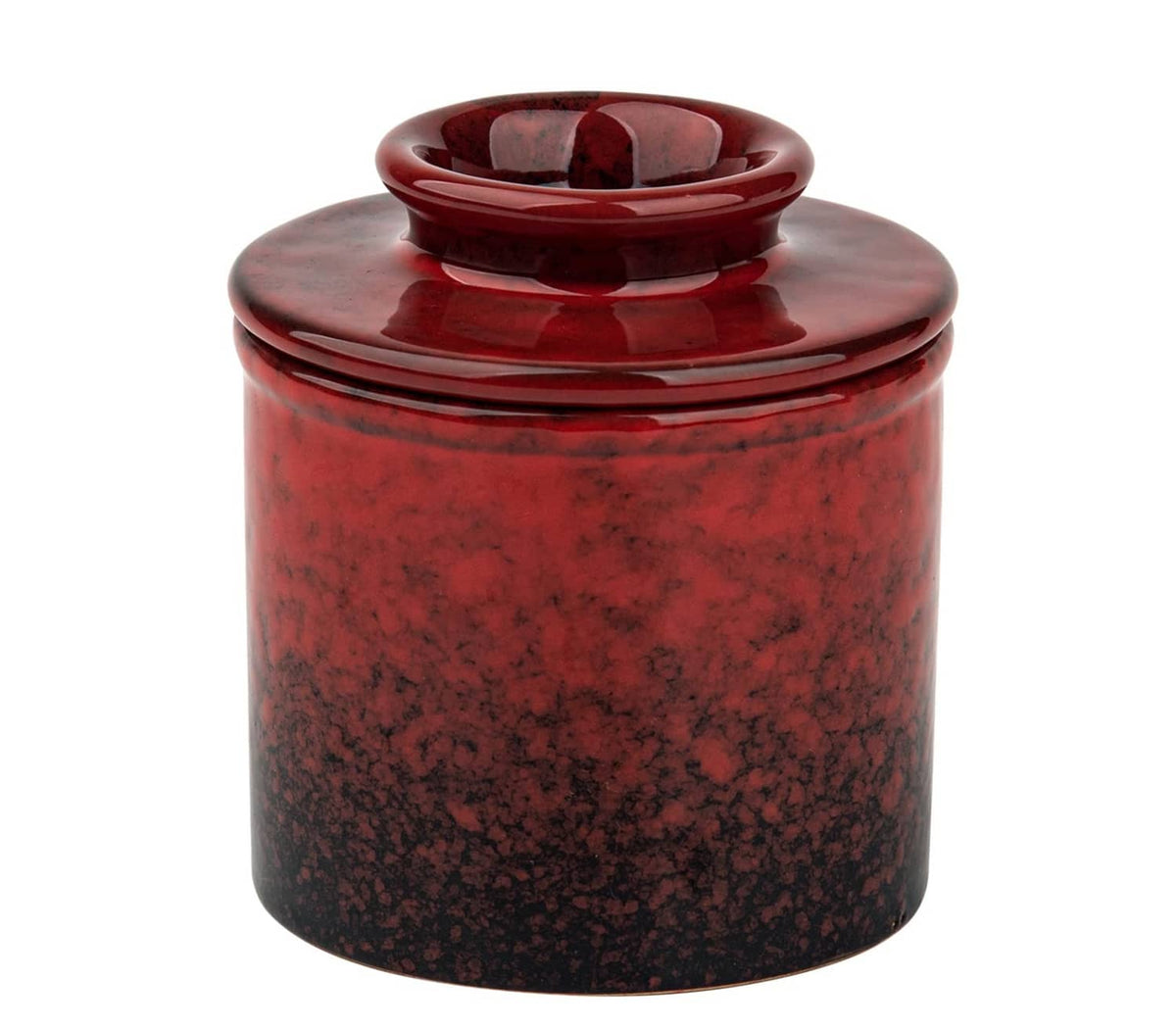 Red speckled ceramic butter crock with domed lid, glossy glaze.