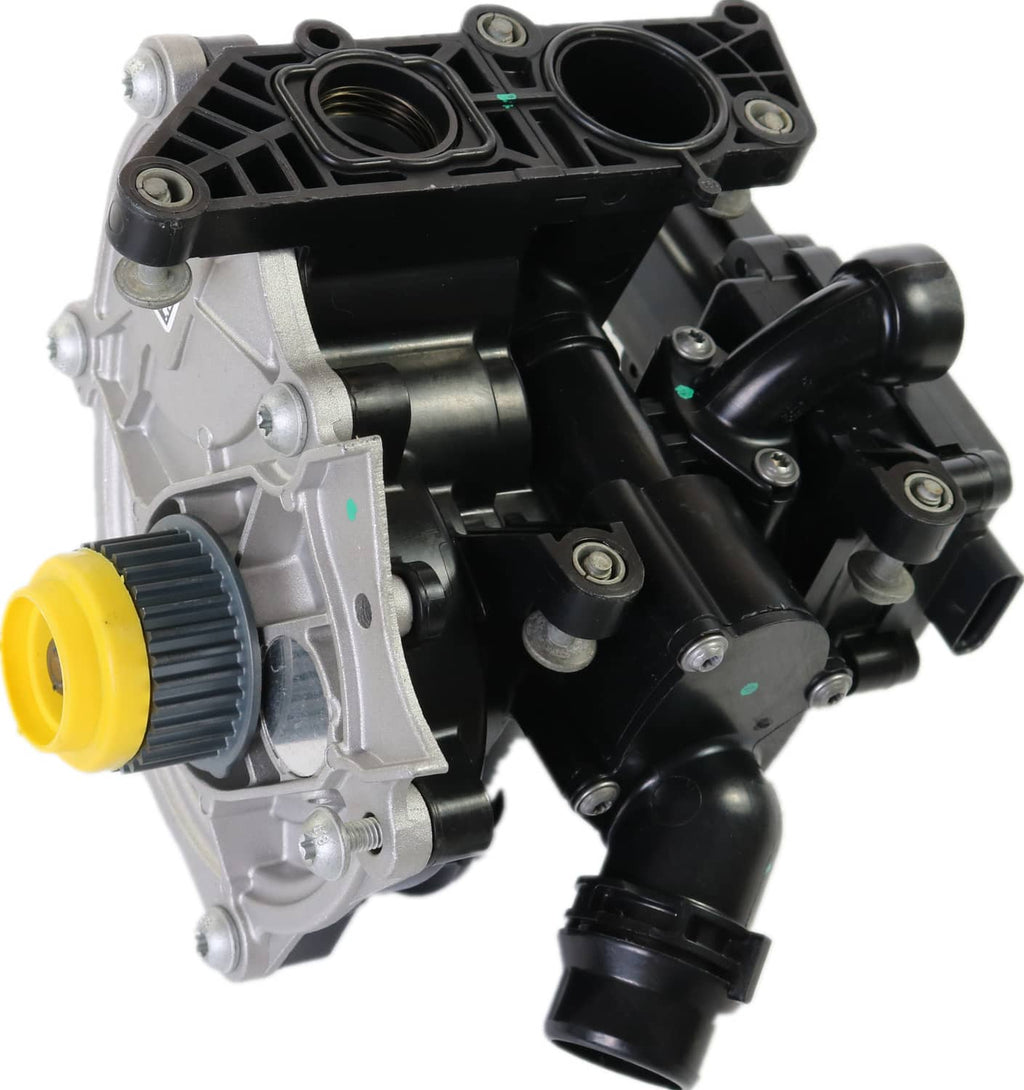 Water pump thermostat housing with yellow cap and multiple black coolant hoses and ports