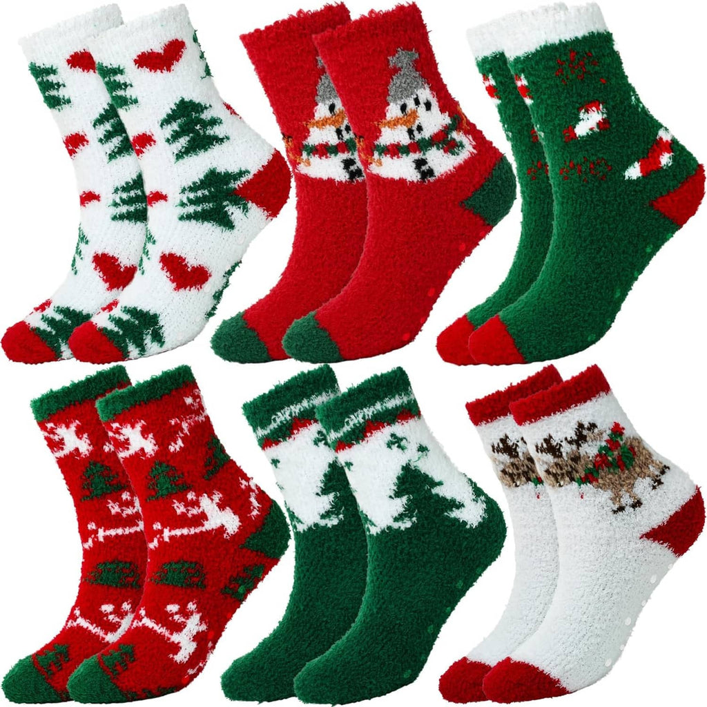 Christmas crew socks assortment with snowflake, tree, and Santa patterns in red, green, and white