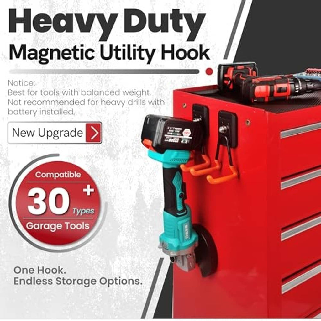 Heavy-duty magnetic utility hook with orange rubber-coated arms on black base