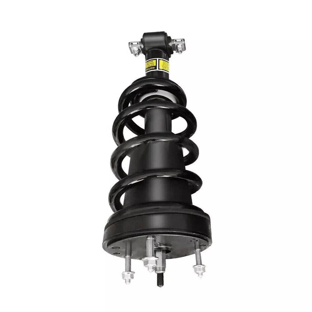 Front shock strut with black coil spring and yellow safety label on damper
