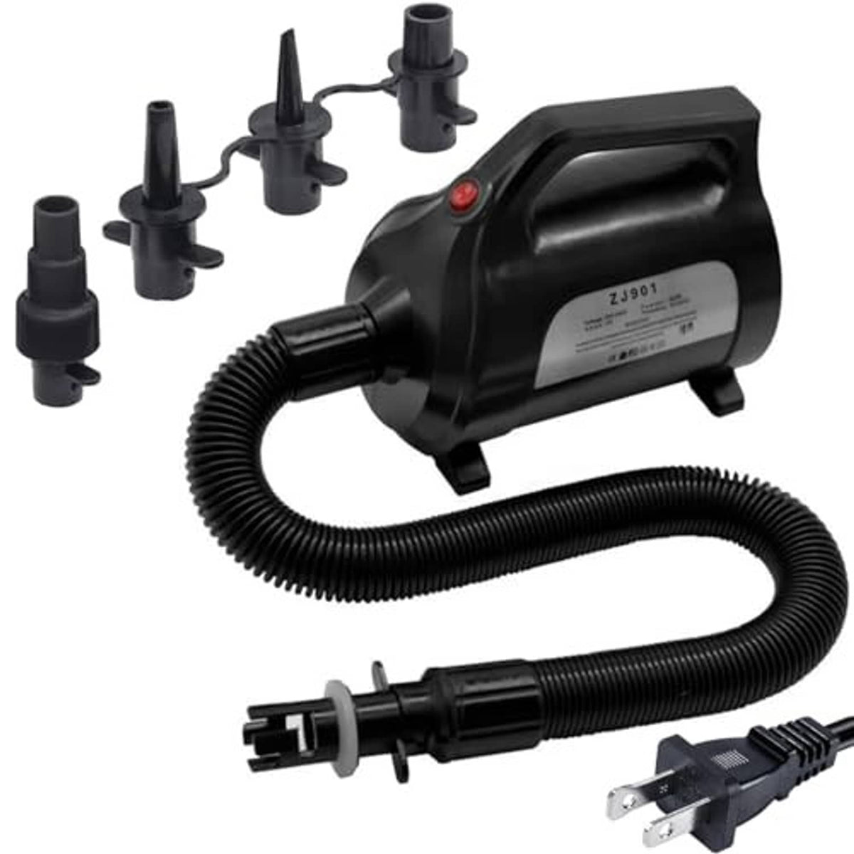 Electric air pump with flexible hose, multi-nozzle kit, and standard power plug