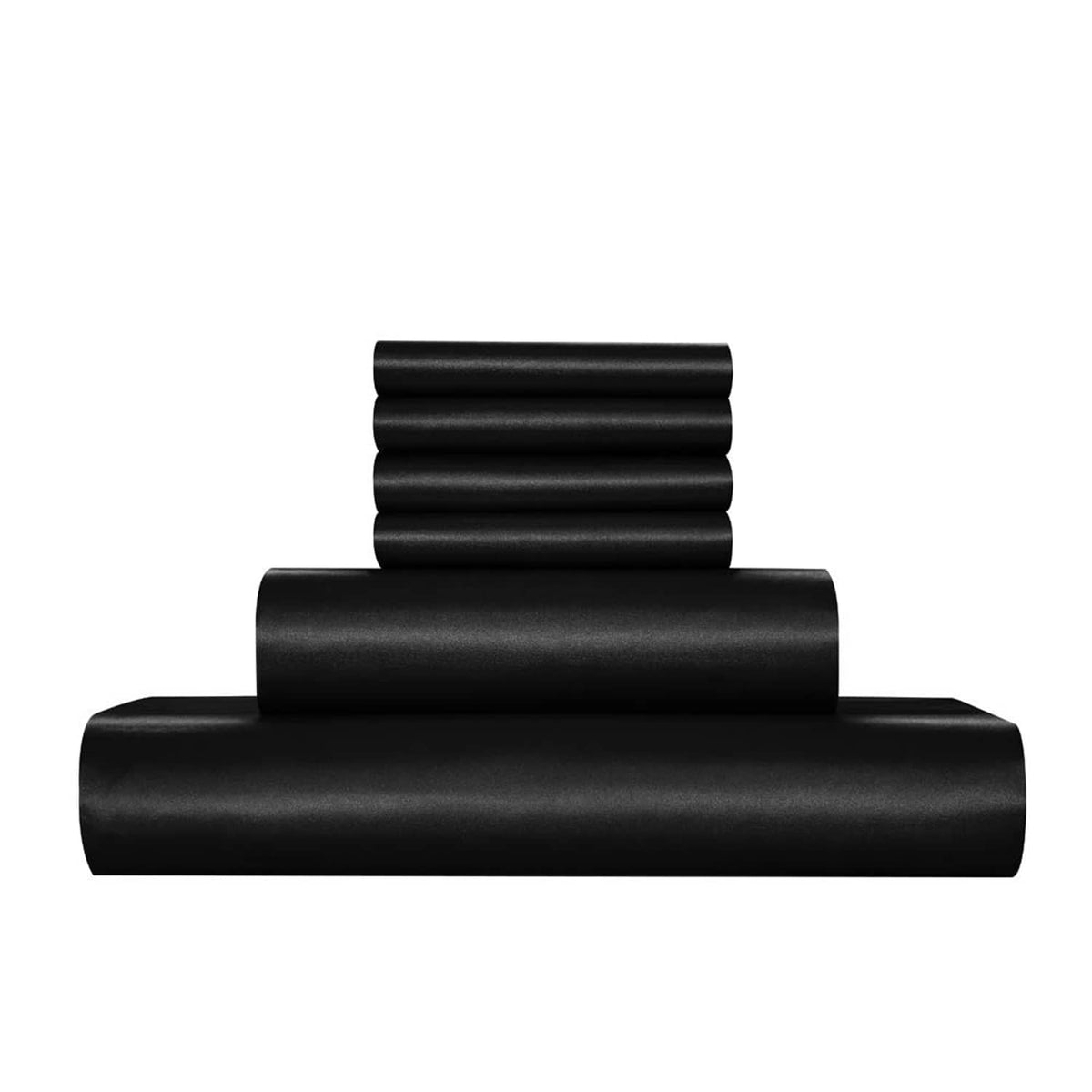 Stack of black satin sheet fabric pieces showing folded edges