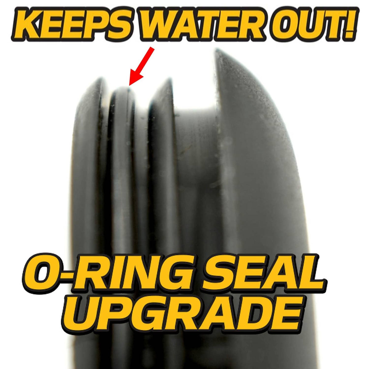 Black plastic caster fork cap with visible O-ring seal for spindle plug