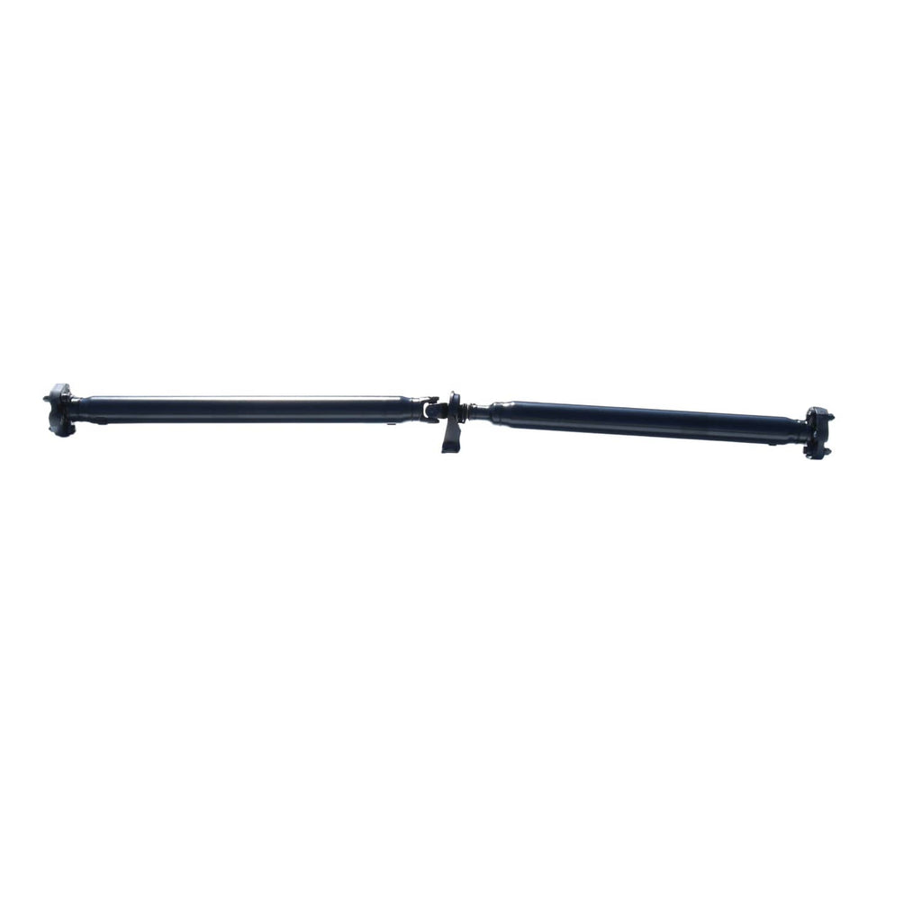 Rear drive shaft long horizontal view; dark blue tube with end flanges.