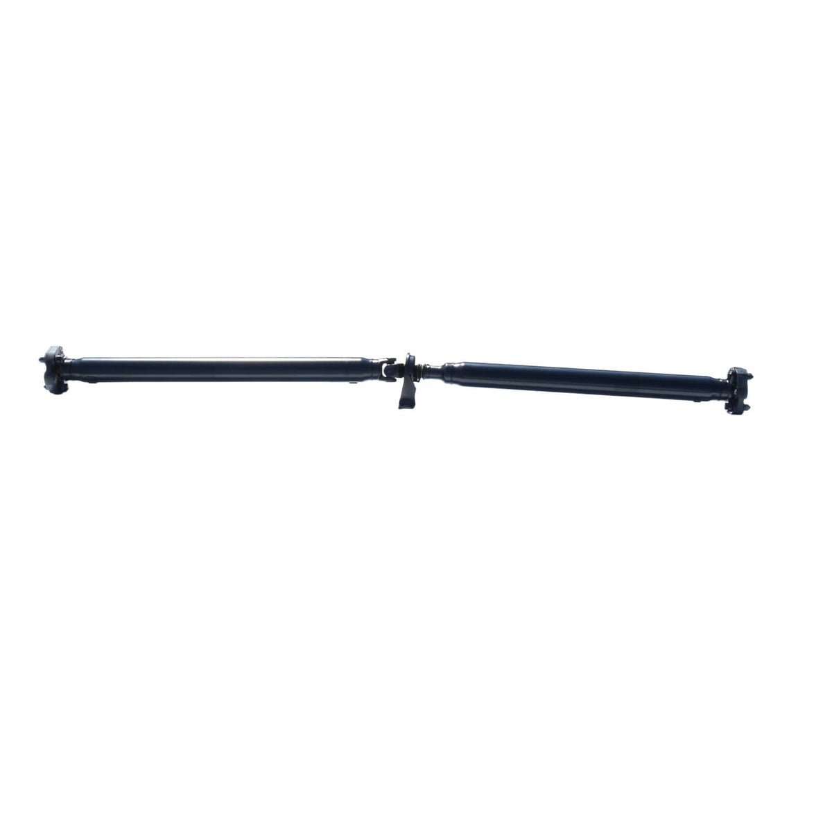Rear drive shaft long horizontal view; dark blue tube with end flanges.
